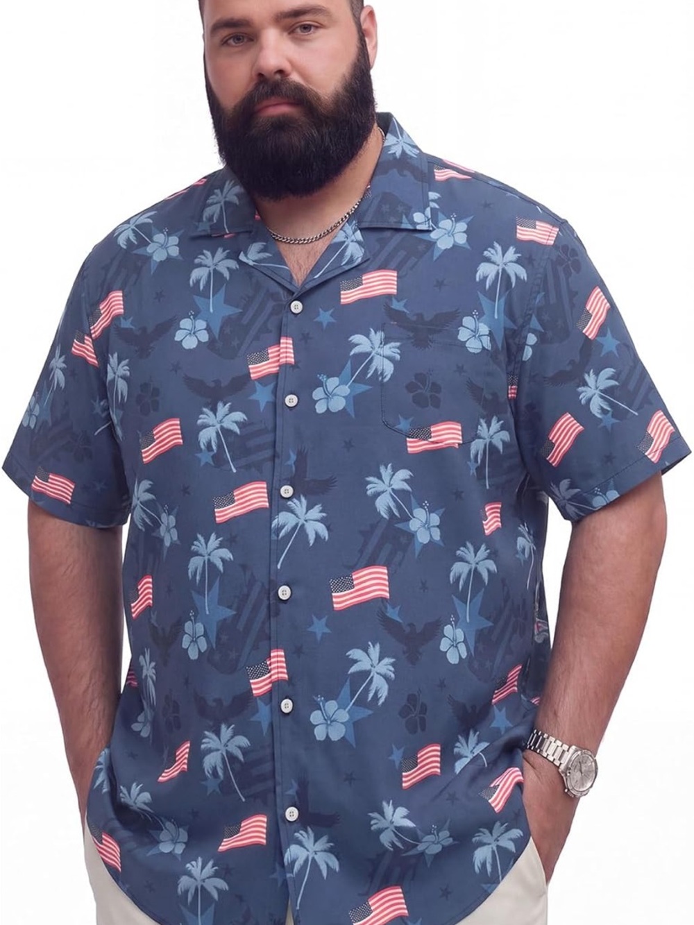 Men's Navy Blue Short Sleeve Button-Down Shirt - Tropical American Flag Print